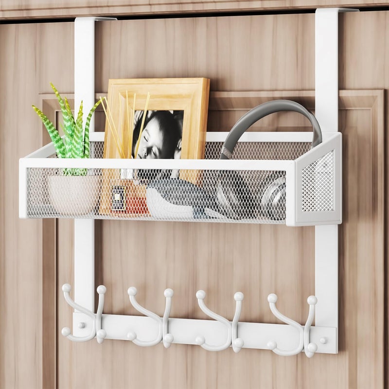 HapiRm Over The Door Hanger - Over The Door Hooks with Mesh Basket and 16 Hooks, 304 Stainless Steel Storage Organizer for Bathroom, Bedroom, Kitchen-White - Image 1